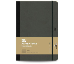 Flexbook Adventure vonalas jegyzetfüzet – fekete, 17 × 24 cm, műbőr borítóval, belső zsebbel és könyvjelzővel