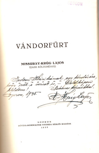 Missuray-Krúg Lajos - Vándorfürt - Missuray-Krúg Lajos újabb költeményei (dedikált)