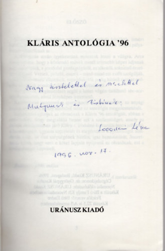 dr. Tárkányi Imre . Györgypál Katalin (szerk.) - Kláris antológia '96- dedikált