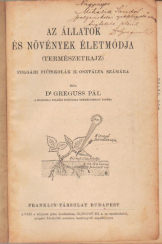 Dr. Greguss Pál - Az állatok és növények életmódja ( természetrajz ) Polgári fiúiskolák II. osztálya számára