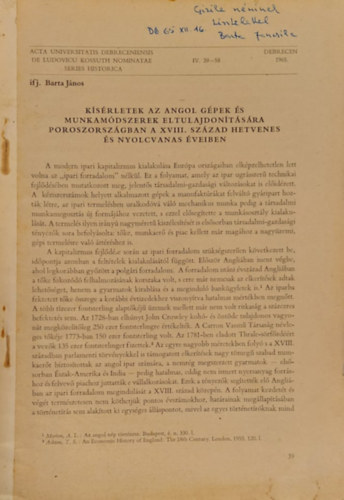 Barta Jnos ifj. - Ksrletek az angol gpek s munkamdszerek  eltulajdontsra Poroszorszgban a XVIII. szzad hetvenes s nyolcvanas veiben (Klnlenyomat)