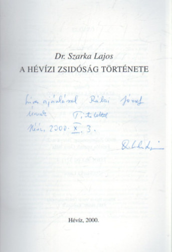 Dr. Szarka Lajos - A hévízi zsidóság története