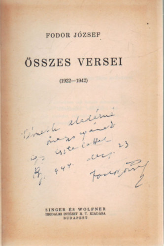 Fodor J�zsef - Fodor J�zsef �sszes versei ( 1922-1942 )