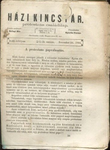 Gyárfás Ferenc Ballagi Mór (szerk.) - Házi kincstár. Protestáns családi lap. 5-dik évfolyam. 24-ik szám. November 24. 1864.