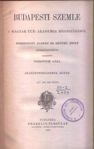 Nincs - Budapesti Szemle 1912. (teljes vfolyam, 151. ktet, 427-429. szmok)