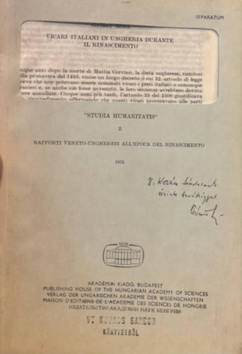 B�nis Gy�rgy - Vicari Italiani in Ungheria Durante il Rinascimento - K�l�nlenyomat