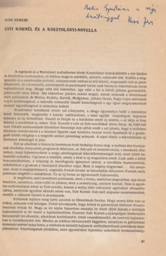 Kiss Ferenc - Esti Kornél és a Kosztolányi-novella- Különlenyomat (Dedikált)