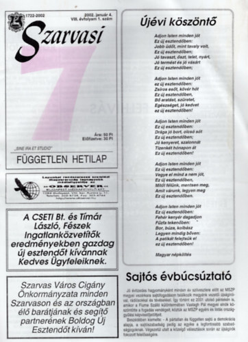 Szenes Jnos - Szarvasi 7 Fggetlen hetilap 2002. v ( 52 szm, teljes vfolyam )