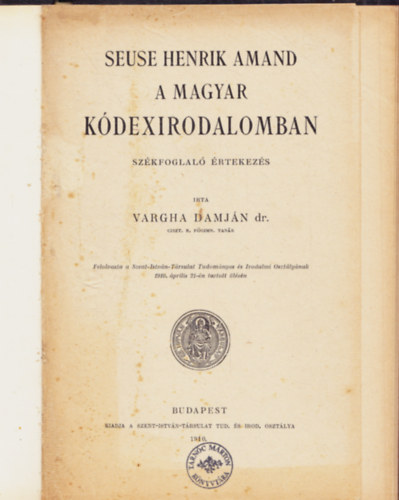 Dr. Vargha Damjn - Seuse Henrik Amand a magyar kdexirodalomban