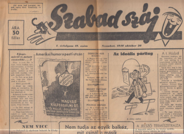 3 db. humoros hetilap (Szabad szj I. vfolyam, 19. s 21. szm, Pesti iz II. vfolyam, 45. szm)