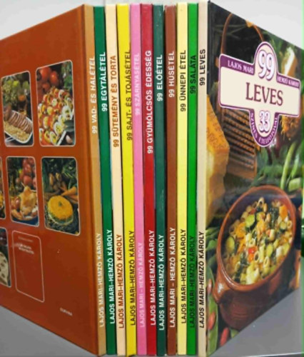 Mari Lajos-Károly Hemző - 99 étel 33 színes ételfotóval könyvcsomag (11 darab) Vad- és halétel; Egytálétel; Sütemény és torta; Sajt- és tojásétel; Szárnyasétel; Gyümölcsös édesség; Előétel; Húsétel; Ünnepi étel; Saláta; Leves;