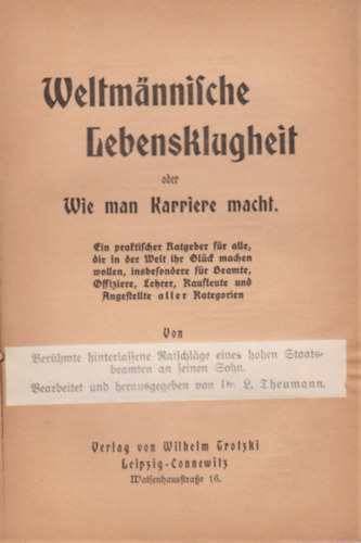 Weltm�nnische Lebensklugheit oder Wie man Karriere macht