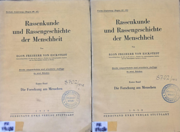 Rassenkunde und Rassengeschichte der Menschheit (Fajtudomny s az emberisg fajtrtnete) 4. s 6. rsz nmet nyelven 1938.