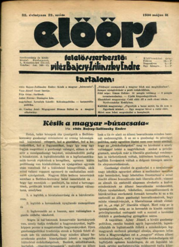 vit�z Bajcsy-Zsilinszky Endre  ( felel�s szerkeszt�) - El��rs foly�irat III. �vf. 22. sz�m. 1930. m�jus 31.