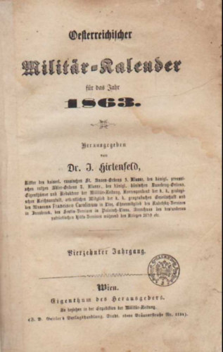 Dr. I. Hirtenfeld - Oesterreicchilcher Militr-kalender 1863