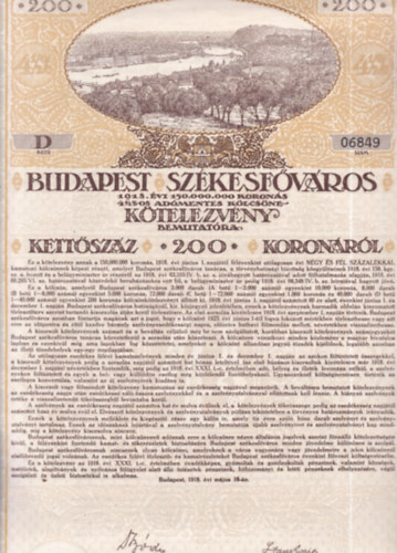 Budapest Székesfőváros 1918. évi adómentes kölcsön-kötelezvénye (történelmi értékpapír, eredeti)