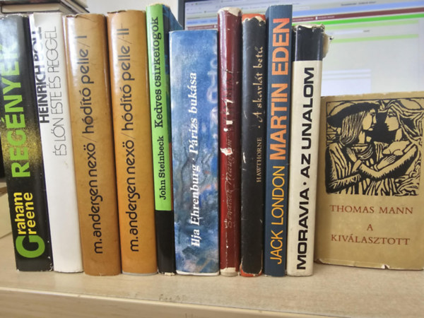 Graham Greene, Heinrich Böll, Martin Andersen Nexö, John Steinbeck, Ilja Ehrenburg, William Somerset Maugham, Nathaniel Hawthorne, Jack London, Alberto Moravia, Thomas Mann - 10db regény, KÖNYVMENTŐ AJÁNLAT: Graham Greene regények+ És lőn este és reggel+ Hódító Pelle I-II+ Kedves csirkefogók+ Párizs bukása+ Színház+ A skarlát betű+ Martin Eden+ Az unalom+ A kiválasztott