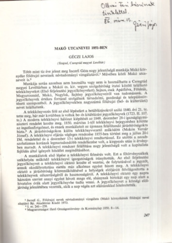 G�czi Lajos - Mak� utcanevei 1851-ben - A Mak�i M�zeum F�zetei 37- Dedik�lt - K�l�nlenyomat