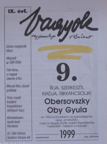 Obersovszky Oby Gyula - Vagyok. Egyszemlyes folyirat. IX. vfolyam, 9. szm, 1999. szeptember
