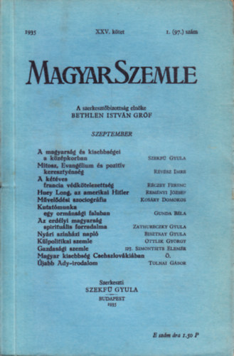 Bethlen Istvn grf - Magyar Szemle 1935. szeptember XXV. ktet 1. (97.) szm