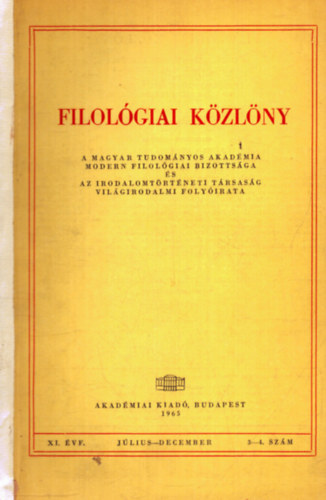 Kardos Tibor  (fel. szerk.) - Filolgiai kzlny XI. vfolyam jlius-december 3-4. szm