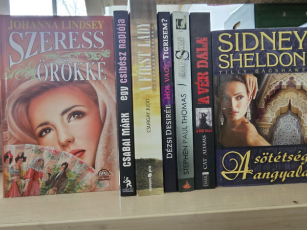 Csabai M�rk, Csurgay Judit, D�zsi Desir�e, Stephen Paul Thomas, Cat Adams, Sidney Sheldon-Tilly Bagshawe Johanna Lindsey - 7db sz�rakoztat� irodalom, K�NYVMENT� AJ�NLAT: Szeress �r�kk�+ Egy csib�sz napl�ja+ A First Lady+ Hol vagy tigrisem?+ A csend kezdete (World War S)+ A v�r dala+ A s�t�ts�g angyala
