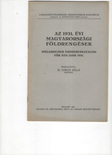 Dr. Simon Bla - Az 1931. vi magyarorszgi fldrengsek