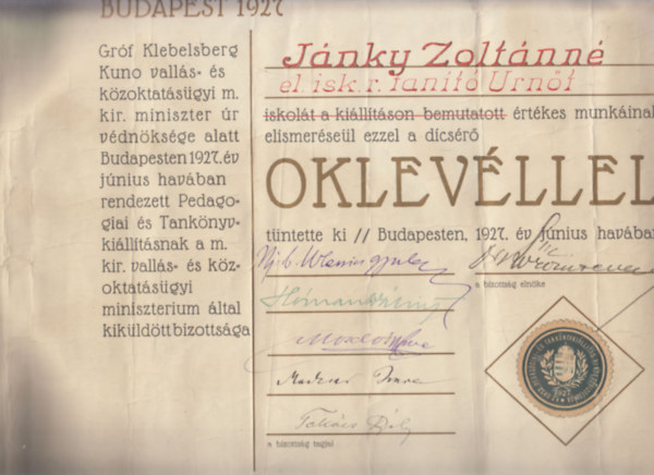 Oklevél - Pedagógiai és Tankönyvkiállítás - Budapest 1927 (eredeti aláírásokkal) (45x35 cm)