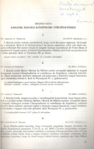 Érszegi Géza - Adatok Szeged középkori történetéhez - különlenyomat - dedikált