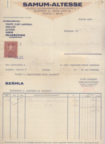 Sz�mla - Samum-Altesse - Egyes�lt szivarkapap�r �s h�velygy�r Rt. (1930)