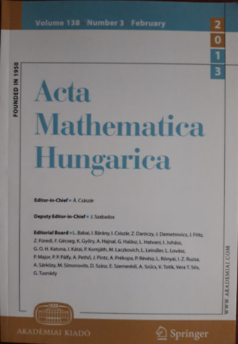�. Cs�sz�r Editor-in-Chief - Acta Mathematica Hungarica Volume 138, Number 3, February 2013