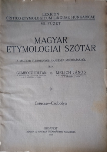 Gombocz Zoltán-Melich János - Magyar etymologiai szótár VII. füzet