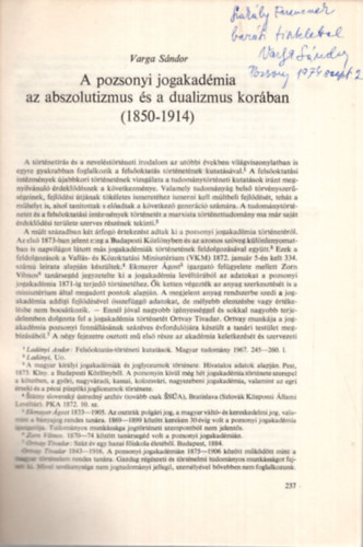Varga Sndor - A pozsonyi jogakadmia az abszolutizmus s a dualizmus korban ( 1850-1914 ) - Klnlenyomat - Dediklt