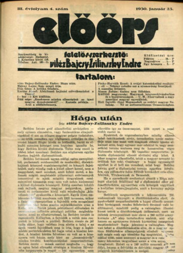 vitz Bajcsy-Zsilinszky Endre  ( felels szerkeszt) - Elrs folyirat III. vf. 4. szm. 1930. janur 25.