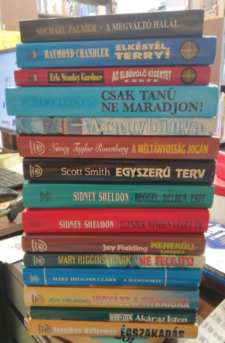 Sidney Sheldon, Raymond Chandler, Michael Palmer, Erle Stanley Gardner, Robert Ludlum, Wilbur Smith, Nancy Taylor Rosenberg, Scott Smith, Joy Fielding, Robin Cook, Jonathan Kellerm Mary Higgins Clark - 15 db-os KÖNYVMENTŐ AJÁNLAT, krimi: Égszakadás+ Akár az Isten+ Vigyázz a titkaidra+ A hasonmás+ Ne felejts!+ Menekülj, Jane!+ Egyszer minden véget ér+ Reggel, délben, este+ Egyszerű terv+ A méltányosság jogán+ Aranybánya +Elkéstél