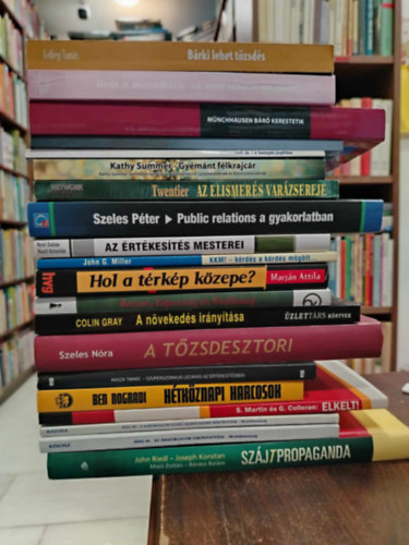 Mark H. McCormack, Hankiss Elemr Fellegi Tams - David Robinson, Lrincz Jen dr., Kathy Summer, Jerry D. Twentier, Szeles Pter, Nyri Zoltn Heltai Pter - G. John Mille Hackl Krisztin - 20 db gazdasgi, KNYVMENT AJNLAT: Brki lehet tzsds+ Ha vinni akarod valamire+ Mnchausen Br kerestetik +Az zleti let illemtana +A betegek jogllsa +Gymnt flkrajcr+ Az elismers varzsereje+Public relations a gyakorl