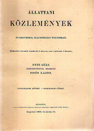 Entz Gza  (szerk.); Sos Lajos (szerk.) - llattani kzlemnyek VIII. ktet 3. fzet