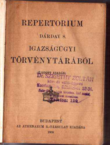Nincs feltntetve - Repertorium Drday S. Igazsggyi trvnytrbl (1909)