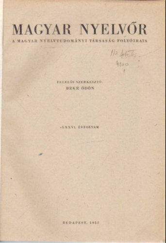 Beke dn - Magyar nyelvr 1952   vi teljes vfolyam (egybektve )