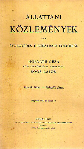 Horvth Gza  (szerk.); Sos Lajos (szerk.) - llattani kzlemnyek X. ktet 2. fzet