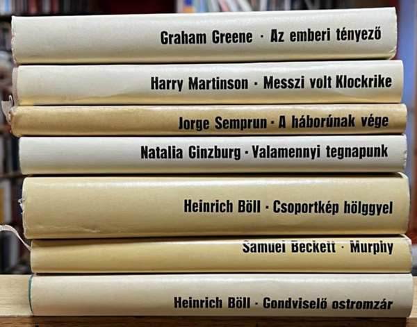Harry Martinson, Jorge Semprún, Natalia Ginzburg, Heinrich Böll, Samuel Beckett Graham Greene - 7 db Magvető világkönyvtár kötet: Az emberi tényező, Messzi volt Klockrike, A háborúnak vége, Valamennyi tegnapunk, Csoportkép hölggyel, Murphy, Gondviselő ostromzár