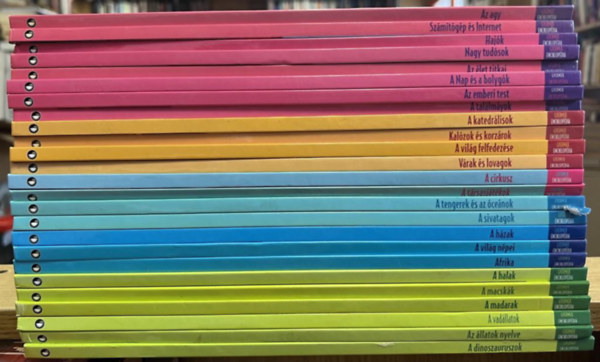 25 db Gyermek Enciklopdia ktet: Az agy, Szmtgp s internet, Hajk, Nagy tudsok, Az let titkai, A Nap s a bolygk, Az emberi test, A tallmnyok, A katedrlisok, Kalzok s korzrok, A vilg felfedezse, Vrak s lovagok