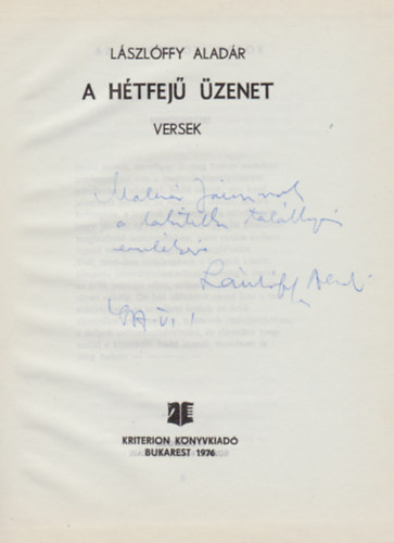 L�szl�ffy Alad�r - A h�tfej� �zenet (dedik�lt)