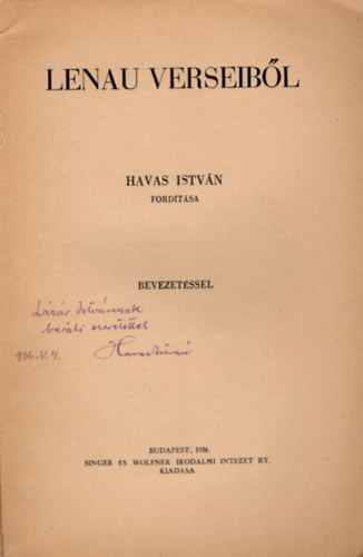 Havas István (szerk.) - Lenau verseiből-dedikált