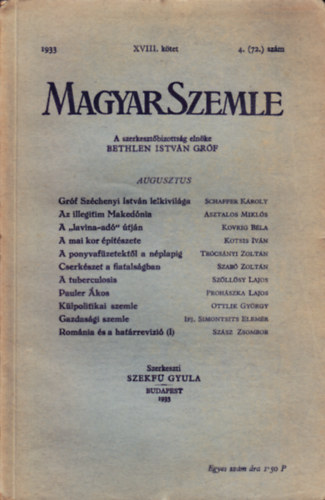 Bethlen Istvn grf - Magyar Szemle 1933. augusztus XVIII. ktet 4. (72.) szm