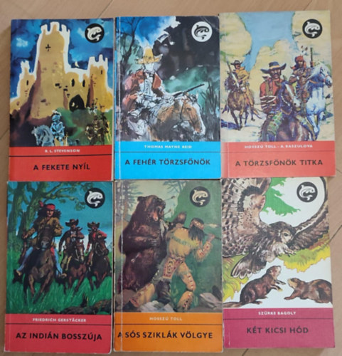 R. L. Stevenson, Hossz Toll, Friedrich Gerstacker, Szrke Bagoly, Thomas Mayne Reid - (6 db) Delfin ifjsgi knyvcsomag: A fekete nyl / A fehr tzsfnk / A trzsfnk titka / Az indin bosszja / A ss sziklk vlgye / Kt kicsi hd