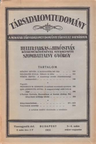 Szombatfalvy György  (Szerk.) - Társadalomtudomány - A Magyar Társadalomtudományi Társulat folyóirata 11. évf. 3-4. szám (1931)