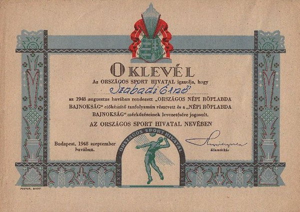 Oklevl 1948-bl (Mret 17x24 cm)- Orszgos Sport Hivatal