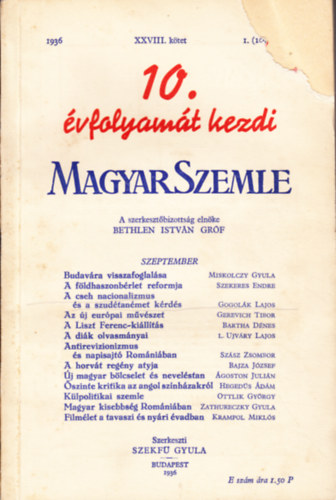 Szekf Gyula  (szerk.) - Magyar Szemle 1936 XXVIII. ktet I. (109) szm