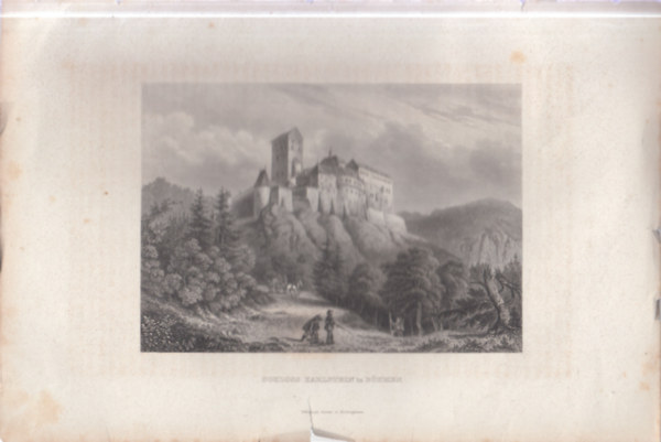 Karlstein kastély látképe, Csehország - eredeti litográfia (metszet)